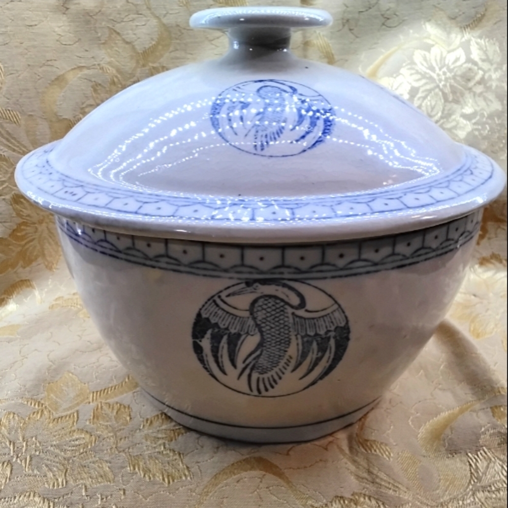 Asian Blue and White Stoneware Covered Rice Dish